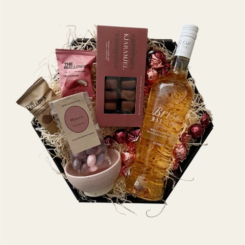 Gavekurv med rosèvin og keramik skål