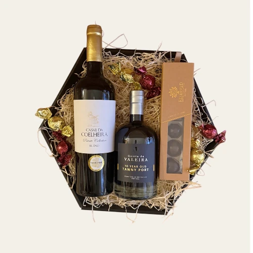 Eksklusiv julegavekurv med rødvin og portvin