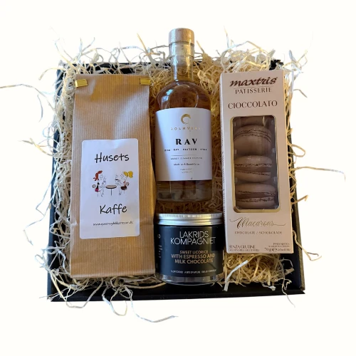 Gavekurv med kaffelækkerier og rav rom